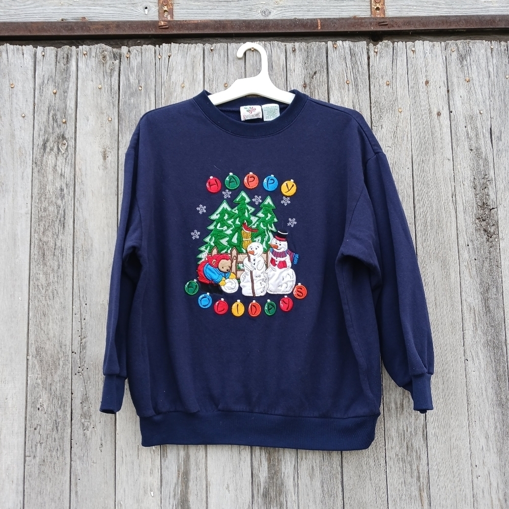 Vintage Nutcracker Sweatshirt Womens Sz L Blueโ Christmas Snowman Happy Holidays